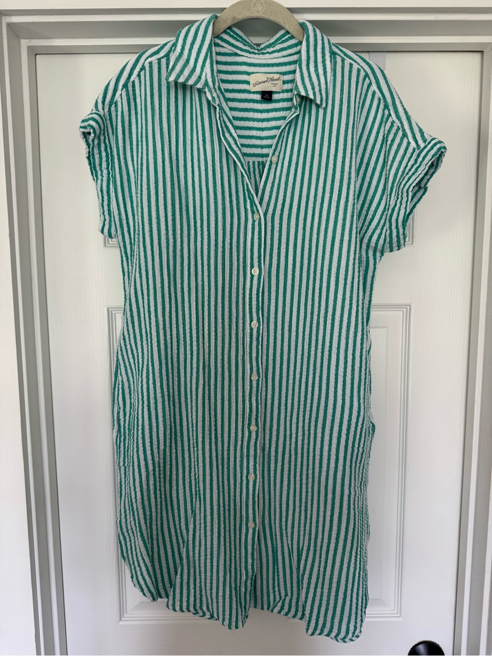 Universal Thread Teal and White Striped Button-Front Shirt Dress